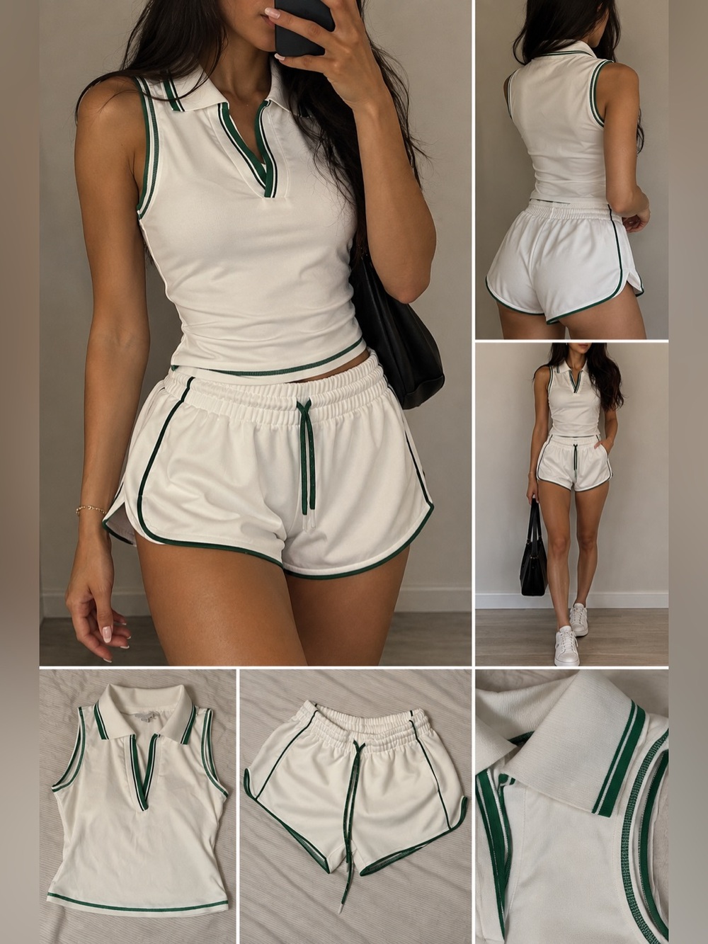 Women’s White Polo Tank & Trim Shorts Set with Green Piping